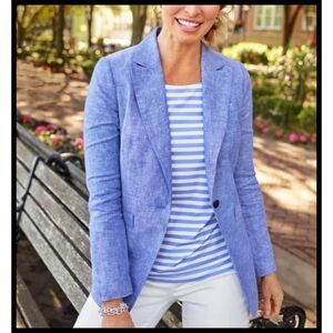 Talbots 100% Linen Blazer Jacket Lined Blue Chambray Size 6